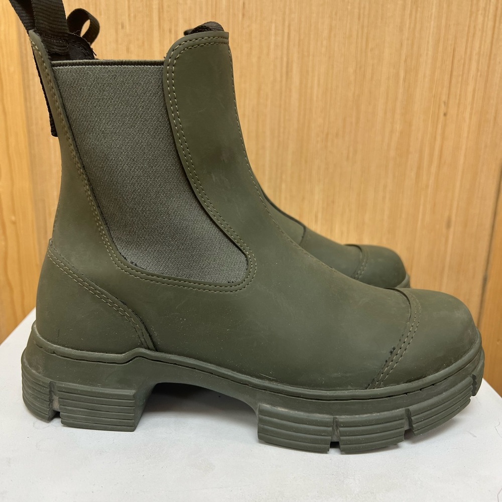 Ganni Olive Green Chunky Chelsea Rain Boots